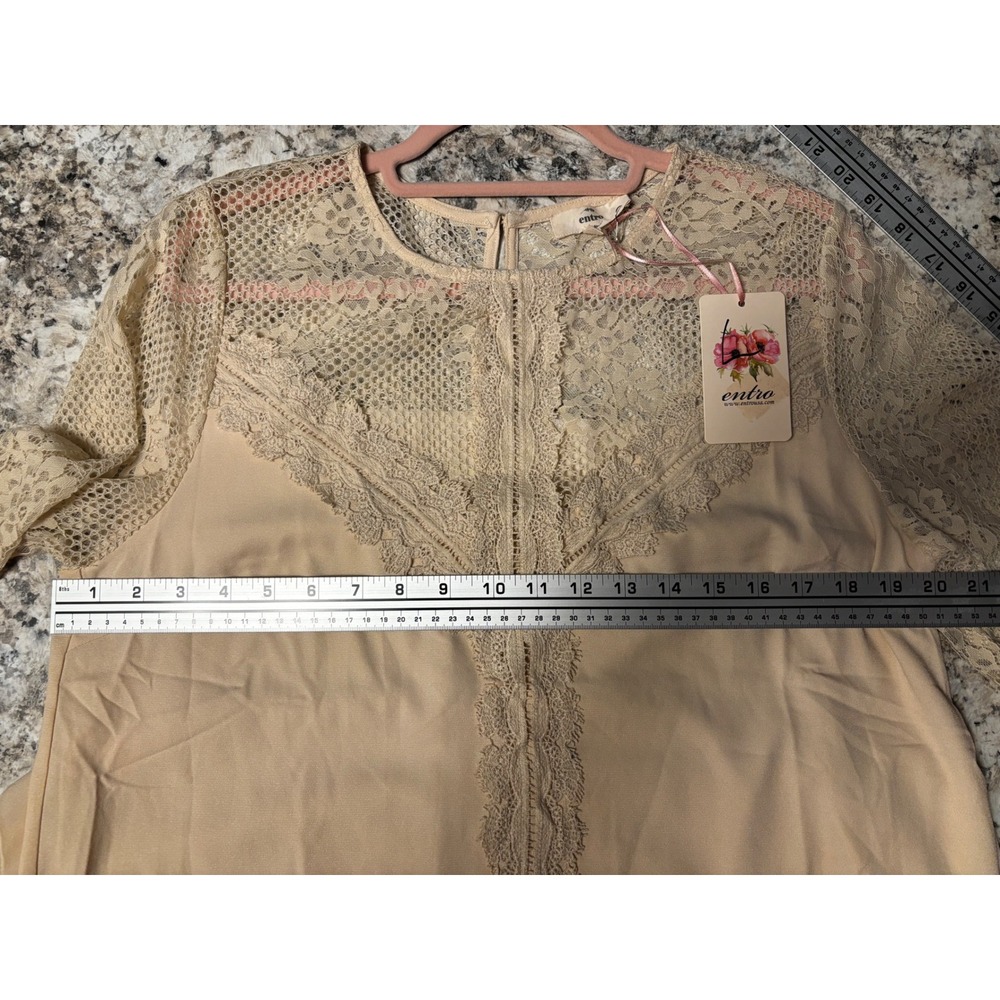 Entro Cream Beige Lace Yoke Long Sleeve Shift Dress D12717 Womens Large NEW - Picture 10 of 13